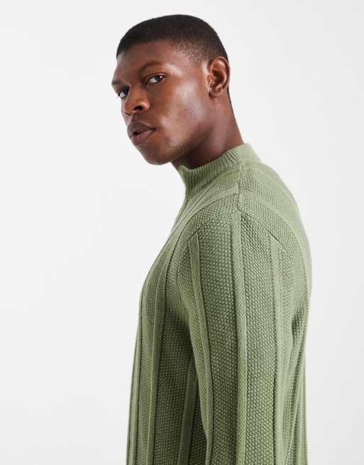 ASOS DESIGN – Strickpullover in Khaki mit Streifen, kurzem Reißverschluss und Stehkragen, 4 von 5