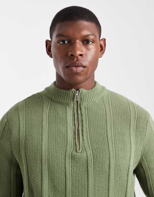 ASOS DESIGN – Strickpullover in Khaki mit Streifen, kurzem Reißverschluss und Stehkragen, 5 von 5