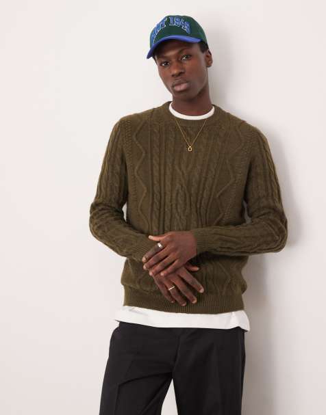 ASOS DESIGN – Strickpullover in Khaki mit Zopfmuster und Rundhalsausschnitt - view 1