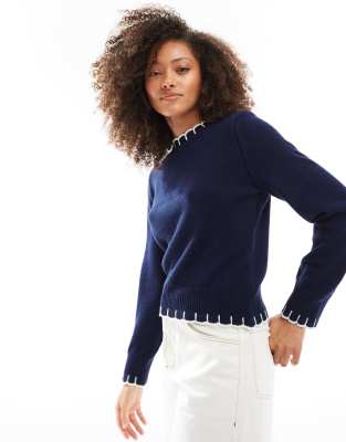 ASOS DESIGN - Strickpullover in Marineblau mit Langettenstich