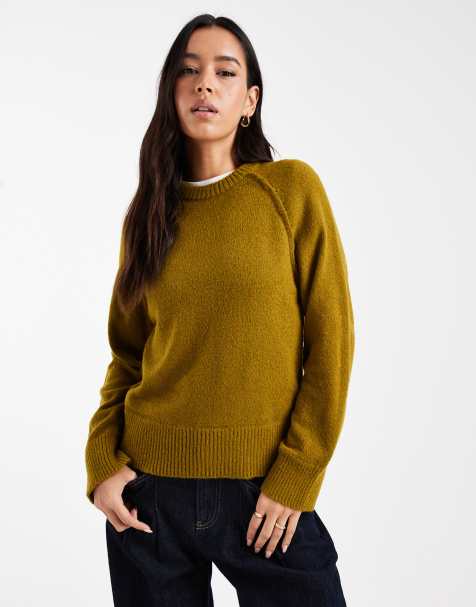 ASOS DESIGN – Strickpullover in Olivgrün mit Rundhalsausschnitt und Raglanärmeln - view 1