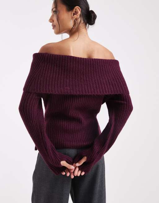 ASOS DESIGN – Strickpullover in Pflaume mit Carmen-Ausschnitt, 4 von 4