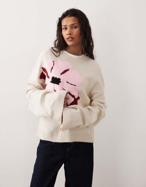 ASOS DESIGN – Strickpullover in Rosa mit Blumenmuster - view 1