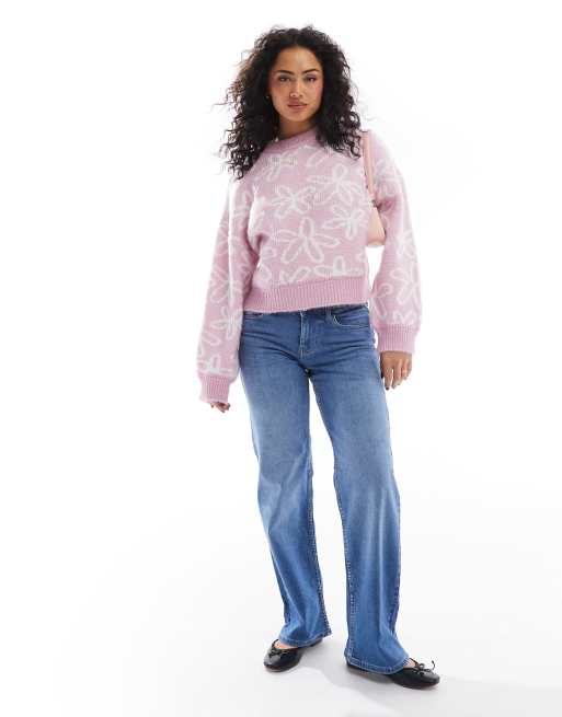 ASOS DESIGN – Strickpullover in Rosa mit Herz-Blumenmuster ASOS
