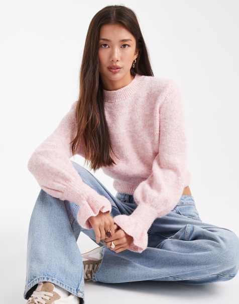 ASOS DESIGN – Strickpullover in Rosa mit Rüschenbündchen - view 1
