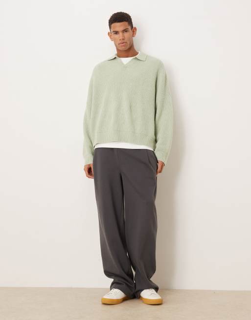ASOS DESIGN – Strickpullover in Salbeigrün mit Patentmuster, kastigem Super-Oversize-Schnitt und eingekerbtem Ausschnitt, 2 von 5
