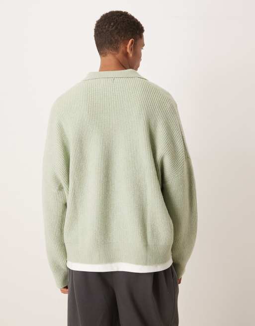 ASOS DESIGN – Strickpullover in Salbeigrün mit Patentmuster, kastigem Super-Oversize-Schnitt und eingekerbtem Ausschnitt, 3 von 5