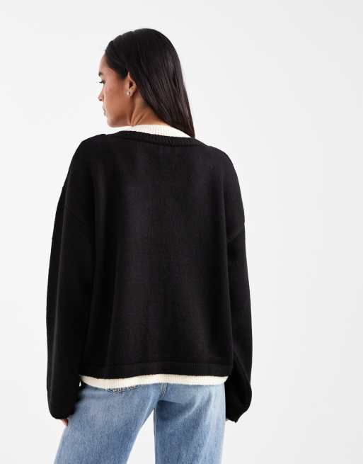 ASOS DESIGN – Strickpullover in Schwarz mit Doppellage und V-Ausschnitt, 2 von 4