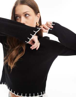 ASOS DESIGN - Strickpullover in Schwarz mit Langettenstich