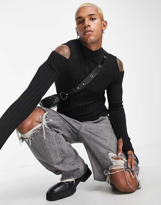 ASOS DESIGN – Strickpullover in Schwarz mit Zierausschnitten an den Schultern und Daumenloch 