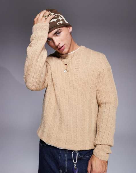 ASOS DESIGN – Strickpullover in Steinbeige mit abgesetzter Rippenstruktur - view 1