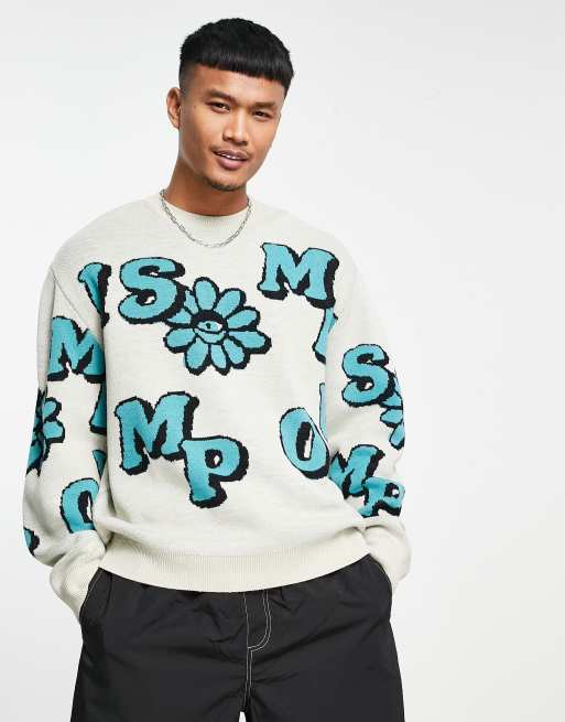 ASOS DESIGN – Strickpullover mit durchgehendem Flower-Power-Textdetail
