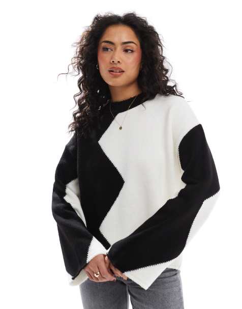 ASOS DESIGN – Strickpullover mit Farbblockdesign in Schwarz und Ecru - view 1