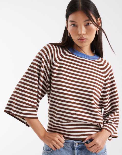 ASOS DESIGN Strickpullover mit Kontrast in Ecru und braunen Streifen - view 1