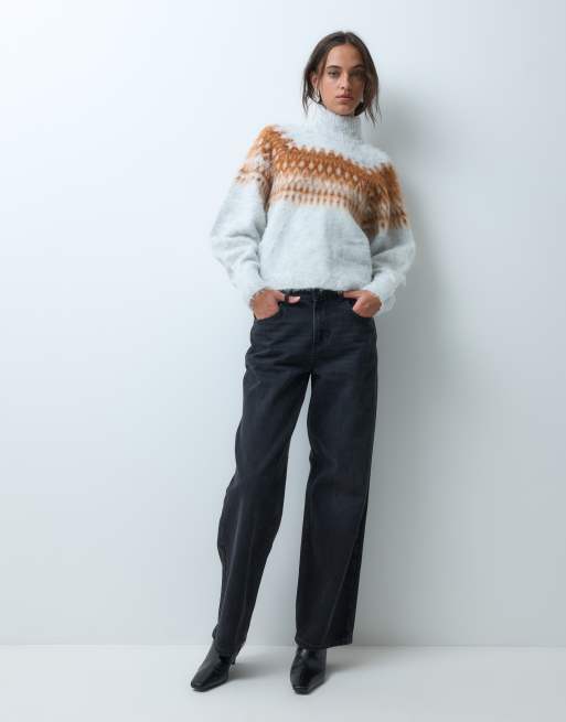 ASOS DESIGN Strickpullover mit Stehkragen und Norweger-Muster mit Ballonärmeln in Grau, 3 von 5
