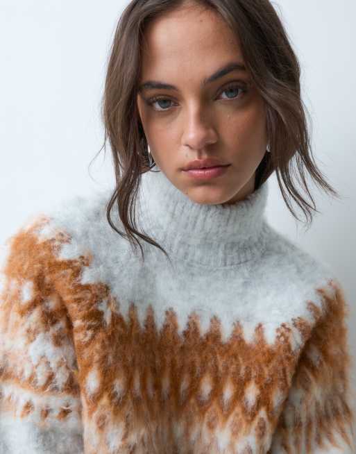 ASOS DESIGN Strickpullover mit Stehkragen und Norweger-Muster mit Ballonärmeln in Grau, 4 von 5