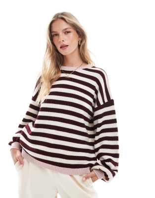ASOS DESIGN - Strickpullover mit verschwommenem Streifenmuster in Burgunderrot-Bunt