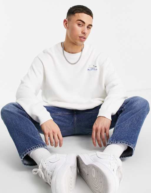 ASOS DESIGN – Strickpullover mit Wal-Stickerei in Weiß