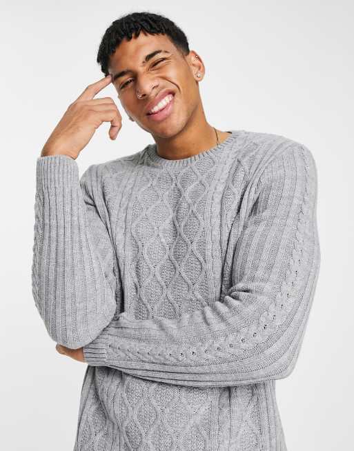 ASOS DESIGN – Strickpullover mit Zopfmuster in Grau