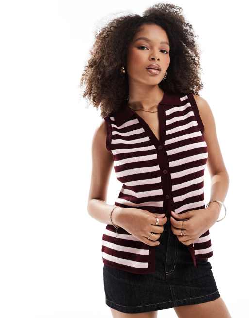 ASOS DESIGN – Strickweste in Rot und Rosa gestreift mit Kragen
