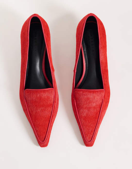 ASOS DESIGN Strike premium hair on real leather loafer kitten mid heels in red, 2 of 4