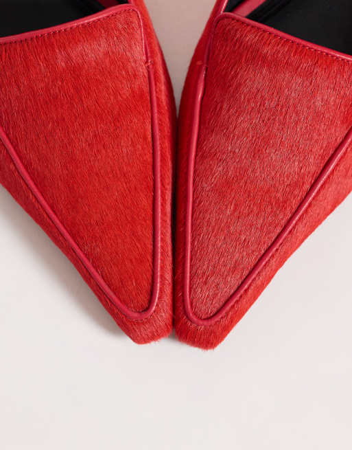 ASOS DESIGN Strike premium hair on real leather loafer kitten mid heels in red, 3 of 4