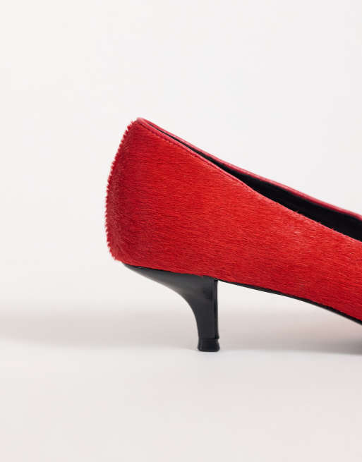ASOS DESIGN Strike premium hair on real leather loafer kitten mid heels in red, 4 of 4
