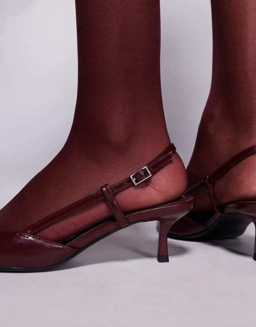 ASOS DESIGN Strike slingback kitten heeled shoes in burgundy, 2 of 4