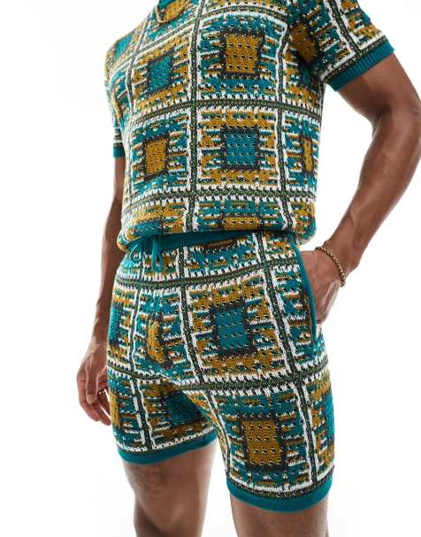 ASOS DESIGN - Strikkede shorts med blåt patchwork-design - Del af sæt - view 1