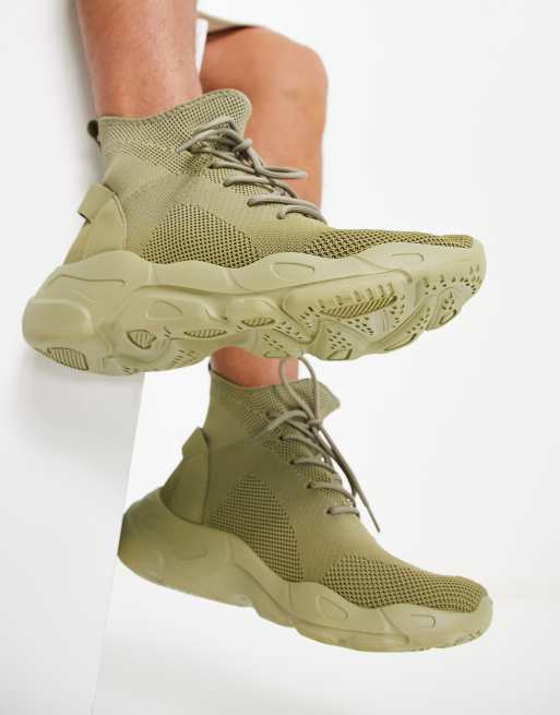 ASOS DESIGN - Strikkede sneakers med sokkedesign og snørebånd i kakigrøn