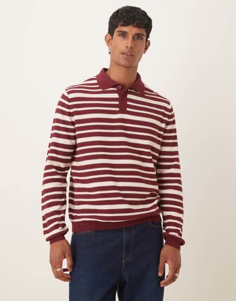 ASOS DESIGN - Strikket afslappet poloskjorte med røde/hvide striber - view 1