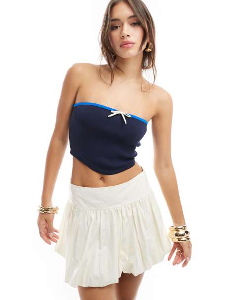 ASOS DESIGN - Strikket bandeau-top med bindedetalje og farvekant i marineblå - view 1