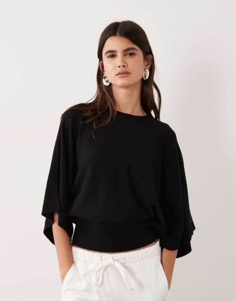 ASOS DESIGN strikket batwing-top med talje i sort - view 1