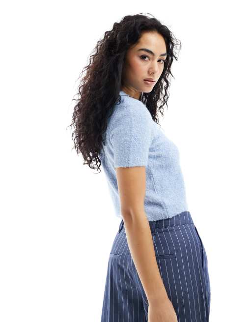 ASOS DESIGN - Strikket blå cardigan med korte ærmer og knapper foran i blødt garn, 4 af 4