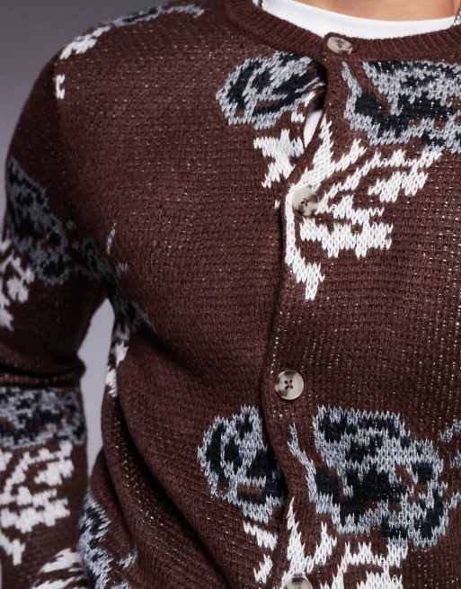 ASOS DESIGN - Strikket brun cardigan med rund hals og blomstermønster, 3 af 4