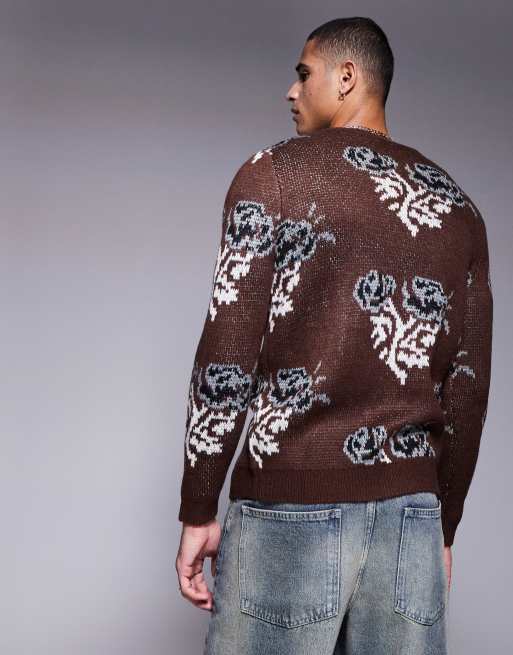 ASOS DESIGN - Strikket brun cardigan med rund hals og blomstermønster, 4 af 4