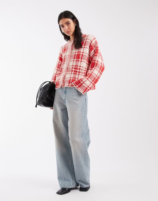 ASOS DESIGN strikket cardigan i rød og ecru tern, 4 af 4