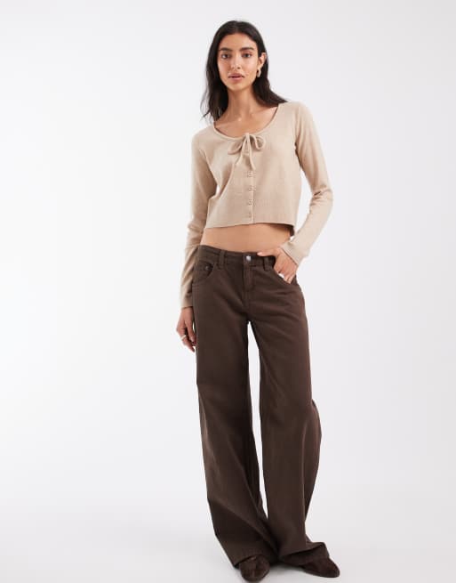 ASOS DESIGN strikket cardigan med bindebånd i halsen i beige, 2 af 4