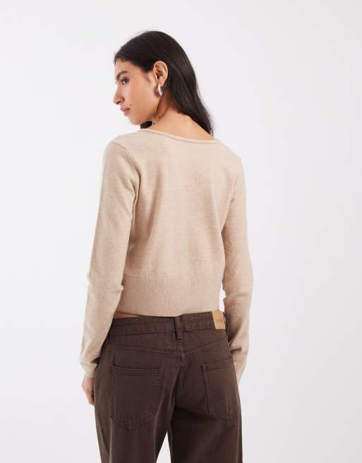 ASOS DESIGN strikket cardigan med bindebånd i halsen i beige, 4 af 4