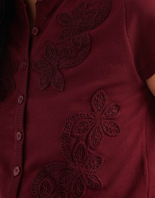 ASOS DESIGN strikket cardigan med blondedetaljer og korte ærmer i burgundy, 4 af 4