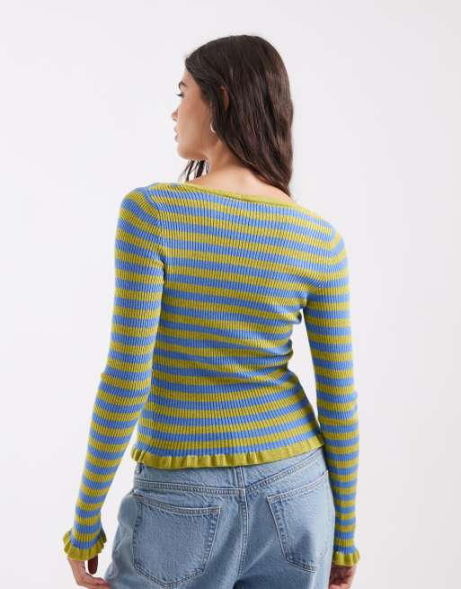 ASOS DESIGN strikket cardigan med flæsedetalje i grøn og blå stribe, 4 af 4