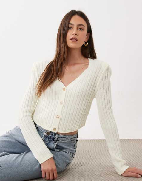 ASOS DESIGN strikket cardigan med indsnøring og guldfarvede knapper i ecru - view 1