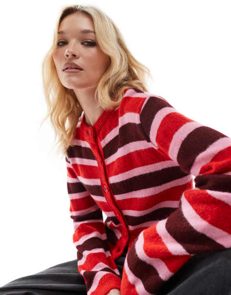 ASOS DESIGN - Strikket cardigan med røde og bordeaux striber i firkantet pasform - view 1