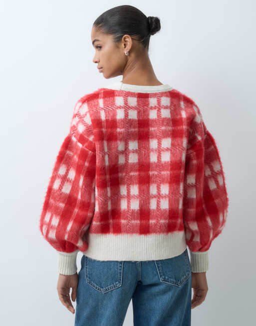 ASOS DESIGN strikket cardigan med v-hals og ballonærmer i rødt tern, 2 af 5
