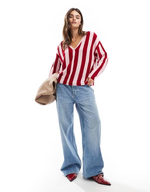 ASOS DESIGN - Strikket cardigan med V-hals og pink og røde striber