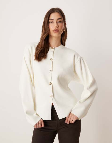 ASOS DESIGN - Strikket cremehvid cardigan med struktur, rund hals og guldknapper - view 1