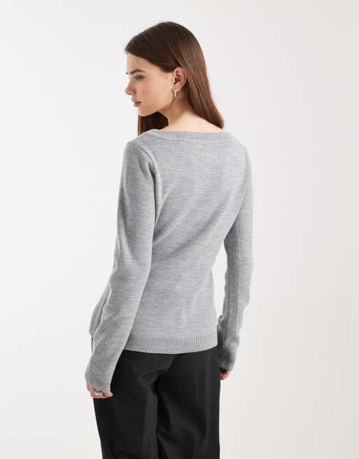ASOS DESIGN - Strikket grå cardigan med indsyet talje og bådudskæring, 2 af 4