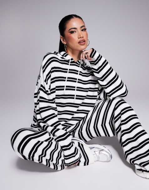 ASOS DESIGN - Strikket hættetrøje med sorte og hvide striber - Del af sæt - view 1