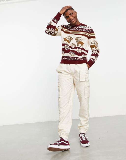 ASOS DESIGN - Strikket juletrøje med rensdyr-design i Fair Isle-stil i rød, 2 af 4