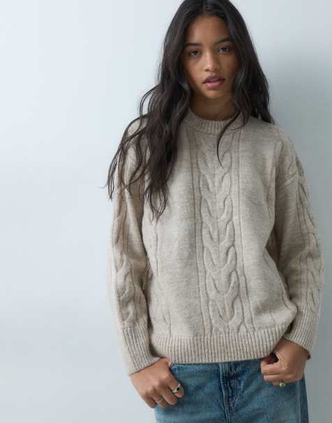 ASOS DESIGN strikket kabeltrøje med frynser i havre - view 1